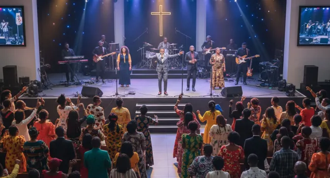 A church auditorium with singers on the stage