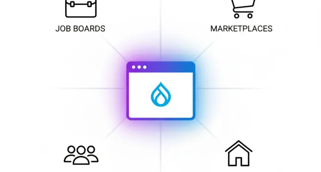 A Drupalicon surrounded by icons for a Job Board Marketplace, Community and Directory.