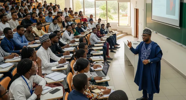 A lecturer teaching students in a lecture hall