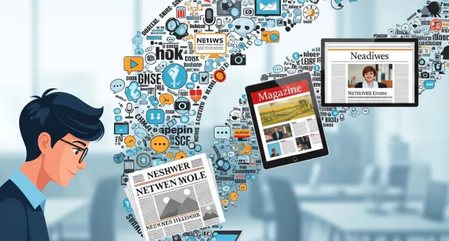 An image showing a journalist or writer typing on a laptop. From the laptop, a stream of text and images flows outward, morphing into a newspaper front page, a digital magazine layout on a tablet, and a news website on a desktop monitor.
