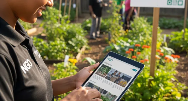 An NGO representative in the field, using a tablet to access the organization's website.