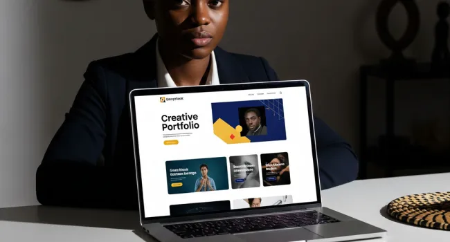 A career professional with her portfolio website loaded on a laptop placed on a table she is sitting on