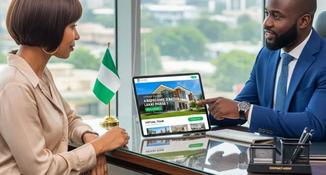 A professional real estate agent showing a property to a client using a tablet.
