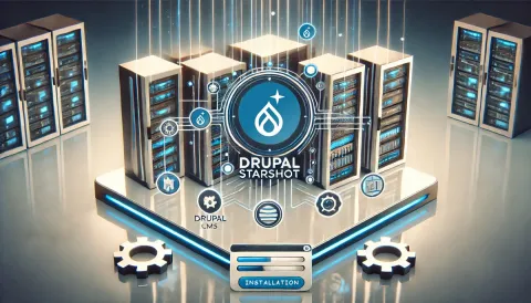 Drupal Starshot logo in the midst of web servers