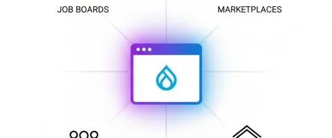 A Drupalicon surrounded by icons for a Job Board Marketplace, Community and Directory.
