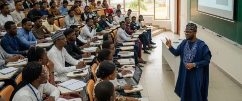A lecturer teaching students in a lecture hall