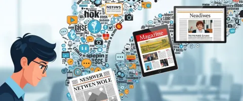 An image showing a journalist or writer typing on a laptop. From the laptop, a stream of text and images flows outward, morphing into a newspaper front page, a digital magazine layout on a tablet, and a news website on a desktop monitor.