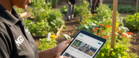 An NGO representative in the field, using a tablet to access the organization's website.