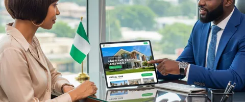 A professional real estate agent showing a property to a client using a tablet.