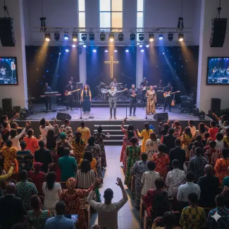 A church auditorium with singers on the stage