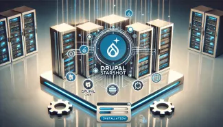 Drupal Starshot logo in the midst of web servers