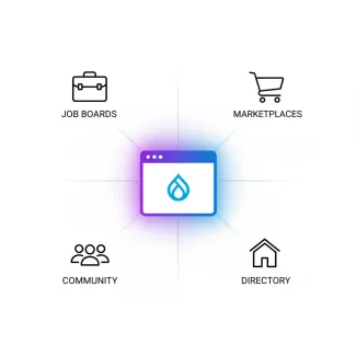A Drupalicon surrounded by icons for a Job Board Marketplace, Community and Directory.