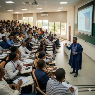 A lecturer teaching students in a lecture hall
