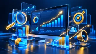 3D graphic of glowing blue and gold business data charts, graphs, and marketing icons.