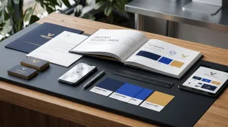Branding mockup on a desk with an open brand guidelines book, business cards, phone, and stationery in navy, blue, and gold.