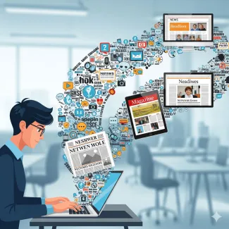 An image showing a journalist or writer typing on a laptop. From the laptop, a stream of text and images flows outward, morphing into a newspaper front page, a digital magazine layout on a tablet, and a news website on a desktop monitor.