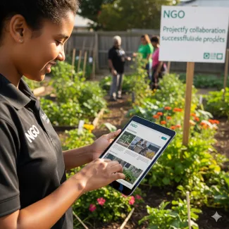 An NGO representative in the field, using a tablet to access the organization's website.