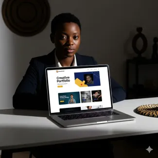 A career professional with her portfolio website loaded on a laptop placed on a table she is sitting on