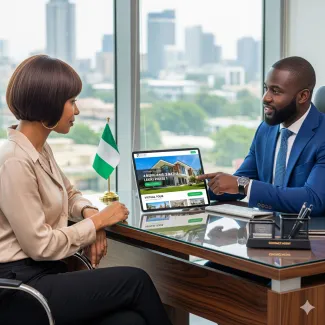 A professional real estate agent showing a property to a client using a tablet.